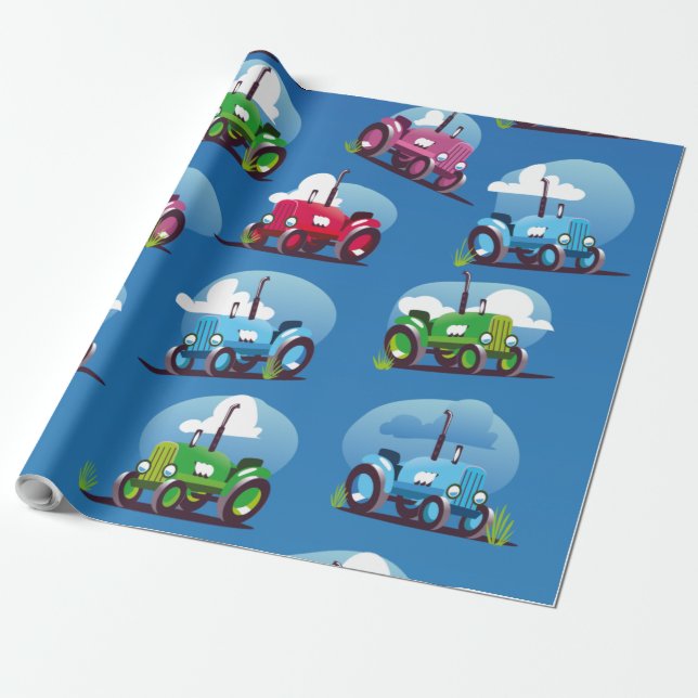 Papier Cadeau Motif de Tracteur (Fond Bleu) (Déroulé)