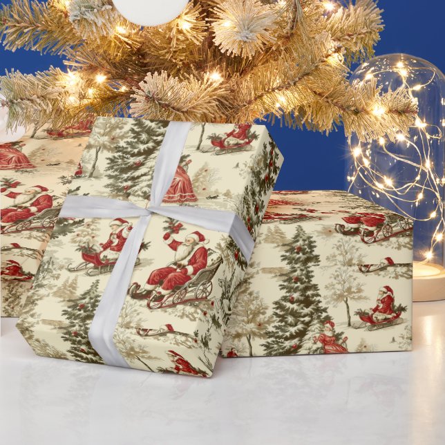 Papier Cadeau Motif de traîneau de forêt du Père Noël vintage (Vacances)