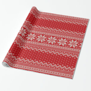 Papier Cadeau Motif de tricot de chandail de Noël - ROUGE