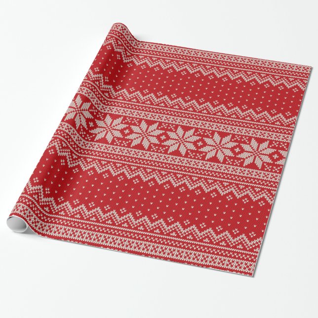 Papier Cadeau Motif de tricot de chandail de Noël - ROUGE (Déroulé)