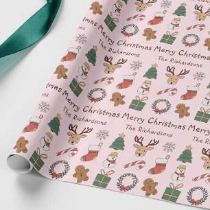 Papier Cadeau Motif de vacances mignon de Noël rose festif