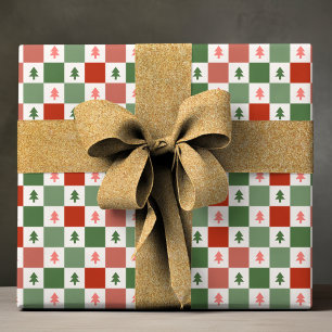 Papier Cadeau Motif de vacances Retro Christmas Tree Checkerboar
