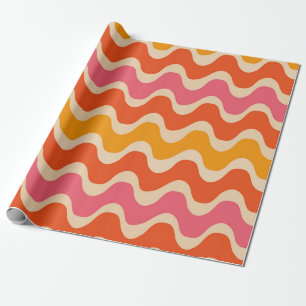 Papier Cadeau Motif de vagues de style rétro en rose, orange et