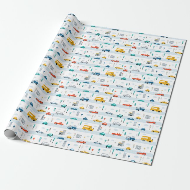 Papier Cadeau Motif de véhicule routier migre (Déroulé)