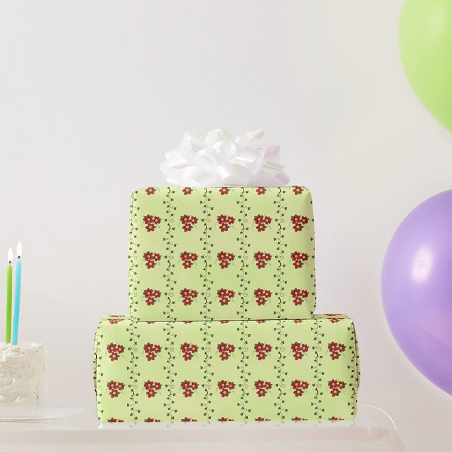 Papier Cadeau Motif de vigne florale rouge sur fond vert clair (Créateur téléchargé)
