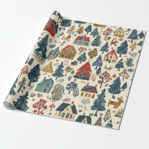 Papier Cadeau Motif de village de Noël en bois de Navy Rouge