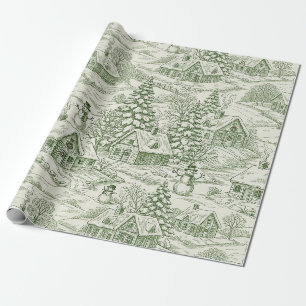 Papier Cadeau Motif de village de Noël vintage toile verte