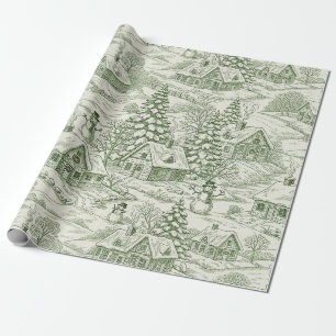 Papier Cadeau Motif de village de Noël vintage toile verte (3)