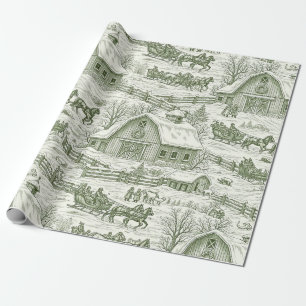 Papier Cadeau Motif de village de Noël vintage toile verte (4)