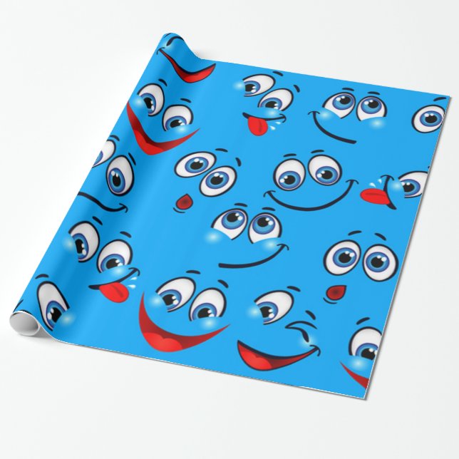Papier Cadeau Motif de visage de dessin bleu (Déroulé)