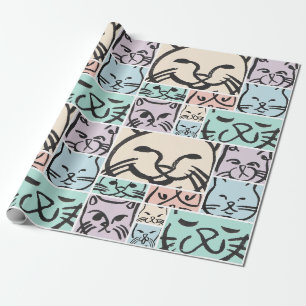Papier Cadeau Motif de visages de chat dessinés à la main mignon