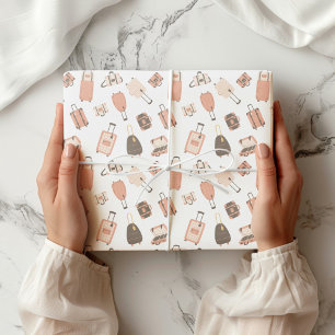 Papier Cadeau Motif de voyage de valise rose et Brown