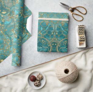 Papier Cadeau Motif d'écailles de sirène Aqua Pearlescent & Or
