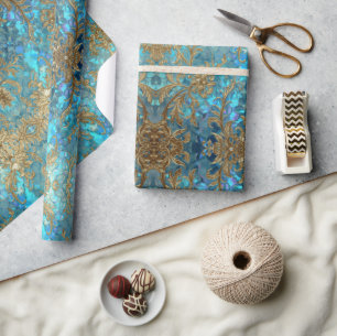 Papier Cadeau Motif d'écailles de sirène Aqua Pearlescent & Or