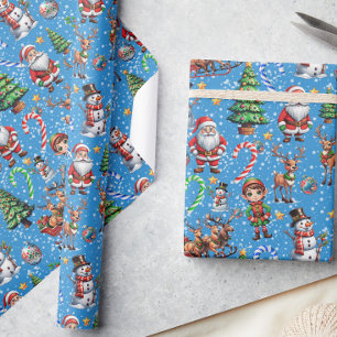 Papier Cadeau Motif décoratif de Noël sur fond bleu