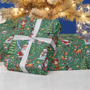 Papier Cadeau Motif décoratif de Noël sur fond vert