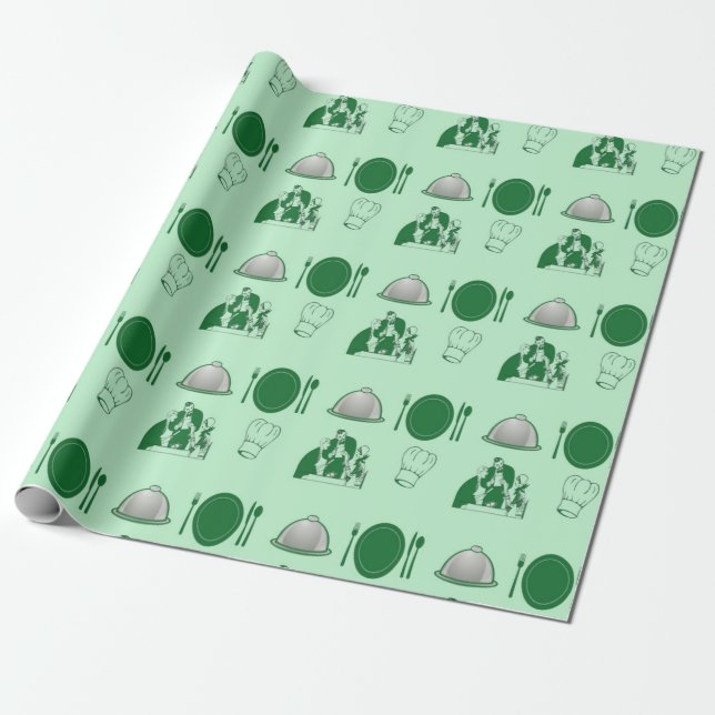 Papier Cadeau Motif décoratif de restaurant vert (Déroulé)