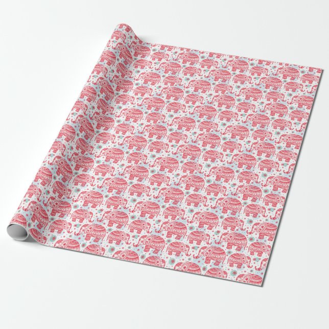 Papier Cadeau Motif d'éléphant ethnique rouge (Déroulé)