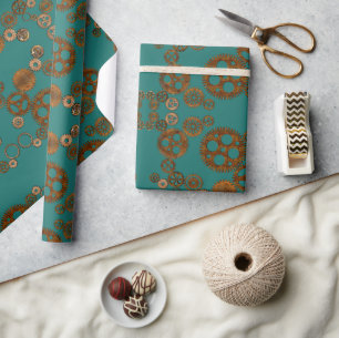 Papier Cadeau Motif d'engrenages rouillés Steampunk Verdigris