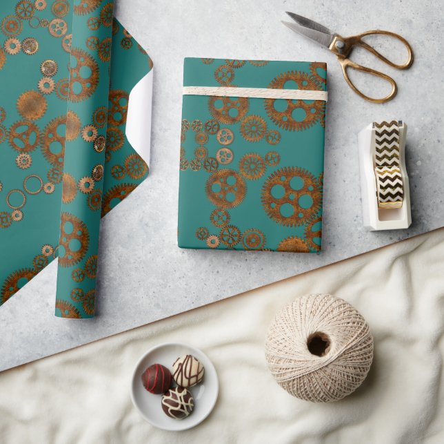 Papier Cadeau Motif d'engrenages rouillés Steampunk Verdigris (Artisanat)