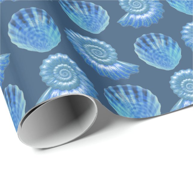 Papier Cadeau Motif des coquilles de mer orange bleu brillant (Coin rond)