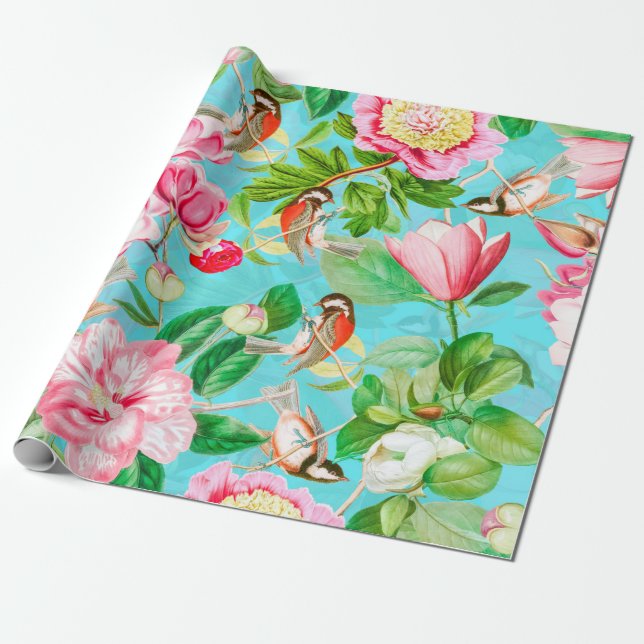 Papier Cadeau Motif Des Fleurs De Printemps Peonies Et Insectes (Déroulé)