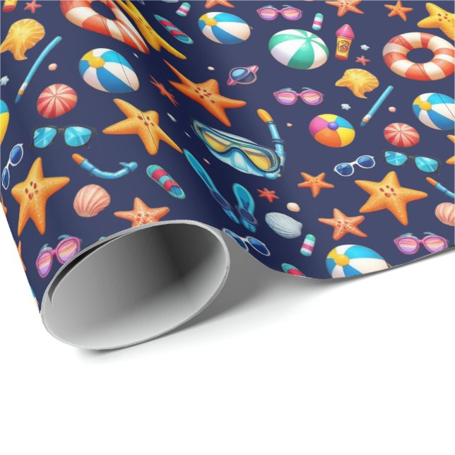 Papier Cadeau Motif d'été amusant bleu (Coin rond)