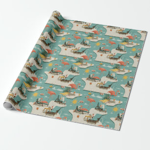 Papier Cadeau Motif d'été au bord de la piscine aux flamants ros