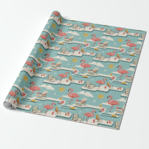 Papier Cadeau Motif d'été au bord de la piscine aux flamants ros