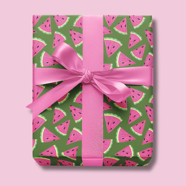 Papier Cadeau Motif d'été pastèque tropicale (Watermelon wrapping paper on a olive green background)