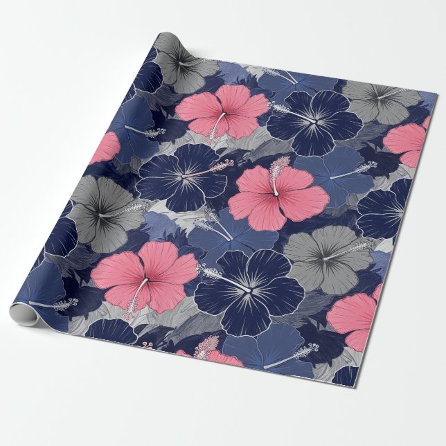 Papier Cadeau Motif d'Hibiscus Tropical Côtier (2) (Déroulé)