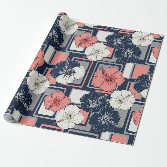 Papier Cadeau Motif d'Hibiscus Tropical Côtier (4) (Déroulé)