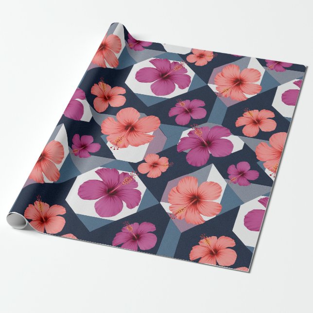 Papier Cadeau Motif d'Hibiscus Tropical Côtier (8) (Déroulé)