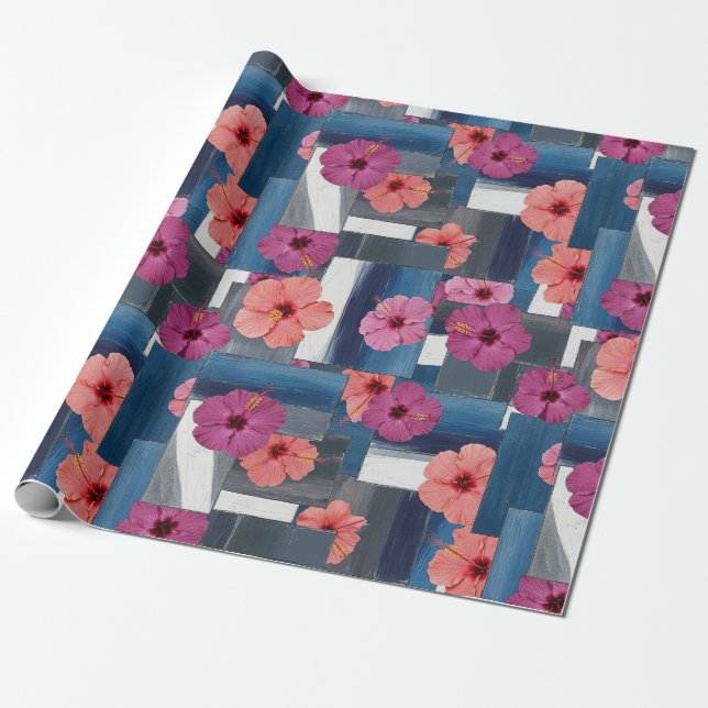Papier Cadeau Motif d'Hibiscus Tropical Côtier (9) (Déroulé)