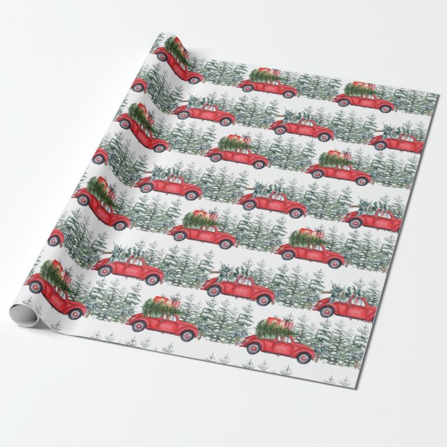 Papier Cadeau Motif d'hiver Dachshund Red Car (Déroulé)