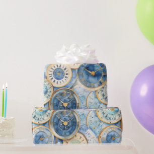 Papier Cadeau Motif d'horloge bleu et or