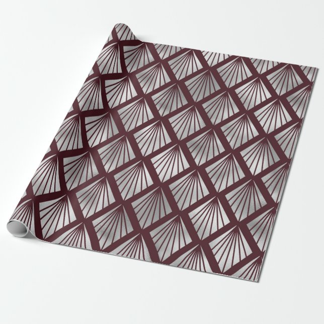 Papier Cadeau Motif Diamant Art Déco Maroon et Argent (Déroulé)