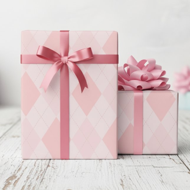 Papier Cadeau Motif Diamond Jacquard rose Fille (Modern Preppy Pink Argyle Wrapping Paper for Her. Trendy Retro Cute Diamond Pattern for Birthday)