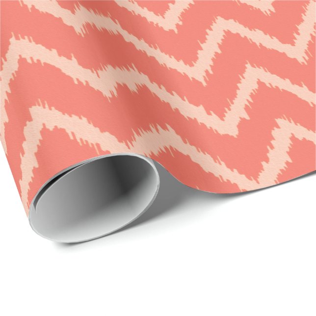 Papier Cadeau Motif d'Ikat Chevron - orange et pêche de corail (Coin rond)