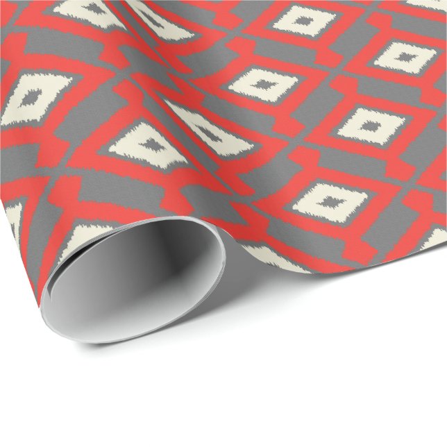 Papier Cadeau Motif d'Ikat - rouge, gris et beige (Coin rond)