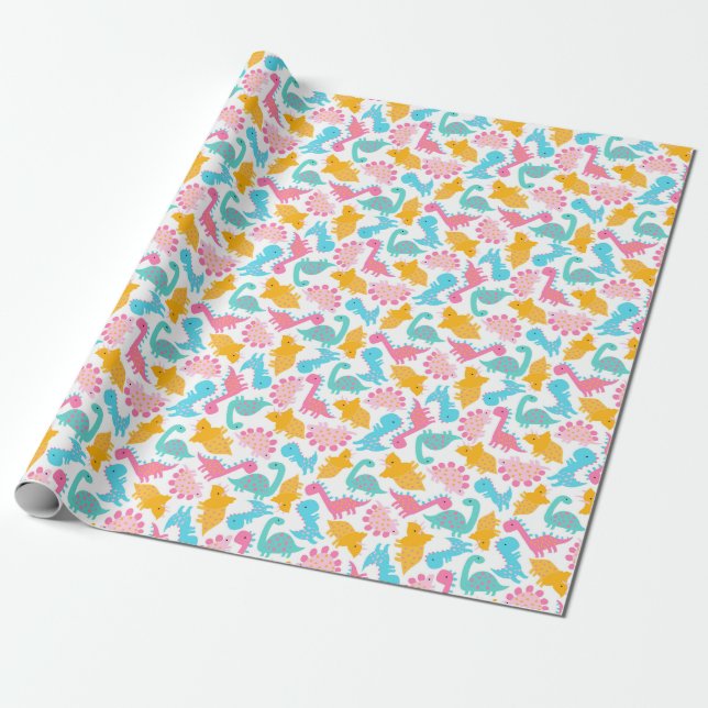 Papier Cadeau Motif Dinosaur rose et Turquoise (Déroulé)
