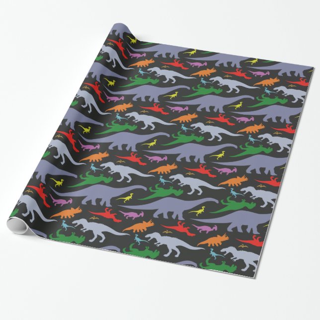 Papier Cadeau Motif Dinosaure coloré (foncé) (Déroulé)