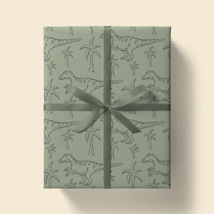 Papier Cadeau Motif Dinosaure Moderne Garçon Jungle Sauge Vert
