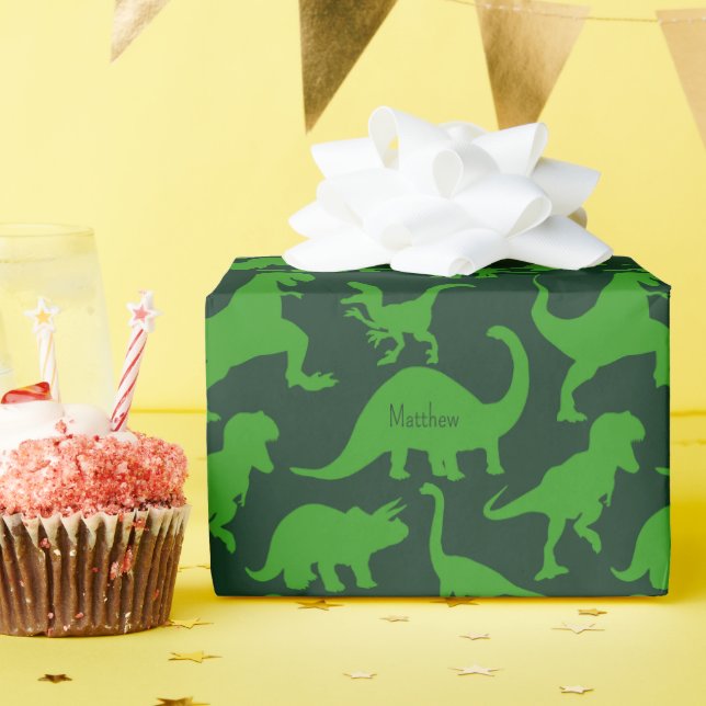 Papier Cadeau Motif Dinosaure Vert avec nom d'enfant (Fête d'anniversaire)