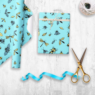Papier Cadeau Motif d'insectes   Bleu clair