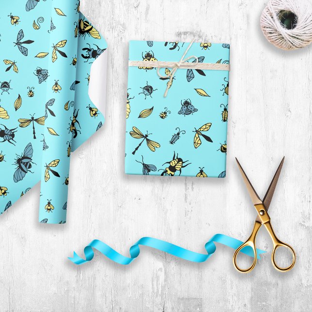Papier Cadeau Motif d'insectes | Bleu clair (Créateur téléchargé)