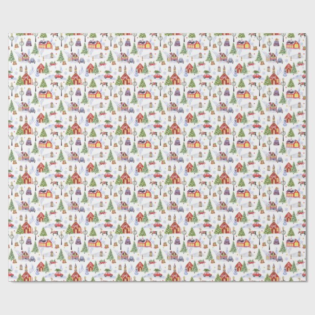 Papier Cadeau Motif d'objets de Noël d'hiver à l'aquarelle moder (Plat)