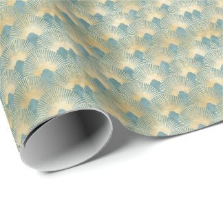 Papier Cadeau motif d'or turquoise, motif de plumes de ventilate