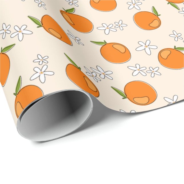 Papier Cadeau Motif d'oranges et de fleurs (Coin rond)