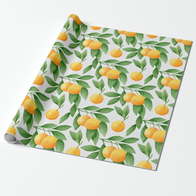 Papier Cadeau Motif d'oranges ou de mandarines d'aquarelle (Déroulé)